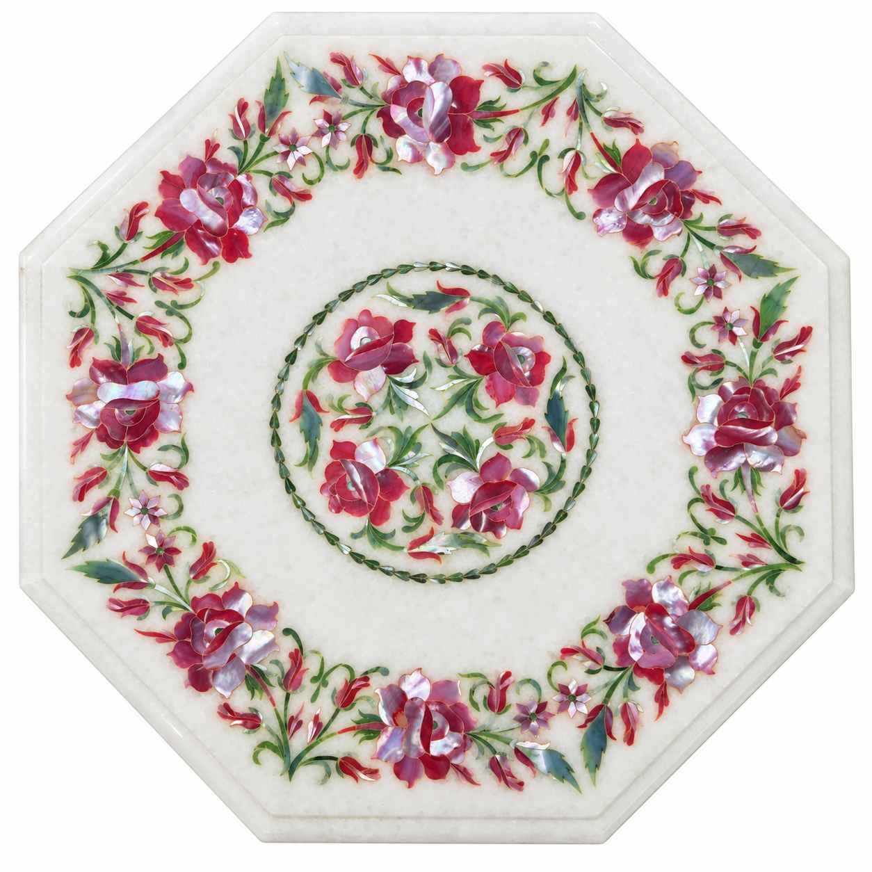 12-Inch Octagonal Pink & Natural Mother of Pearl Marble Inlay Table Top close detail