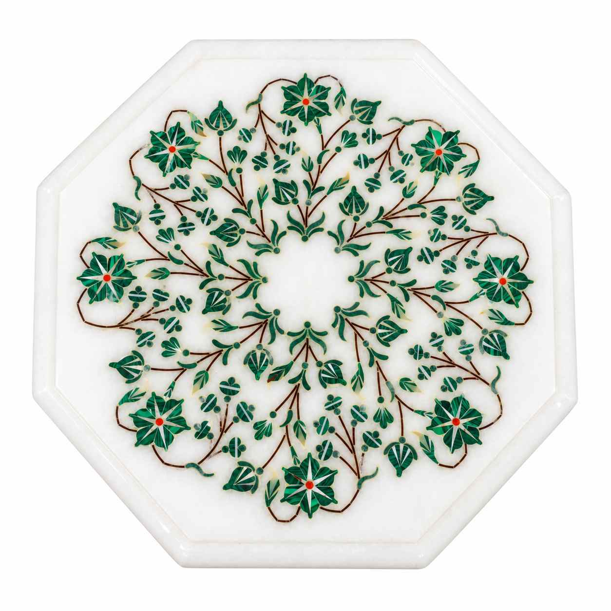 Fine Work Octagonal Malachite Marble Inlay Table Top | Optional Wooden Stand close detail