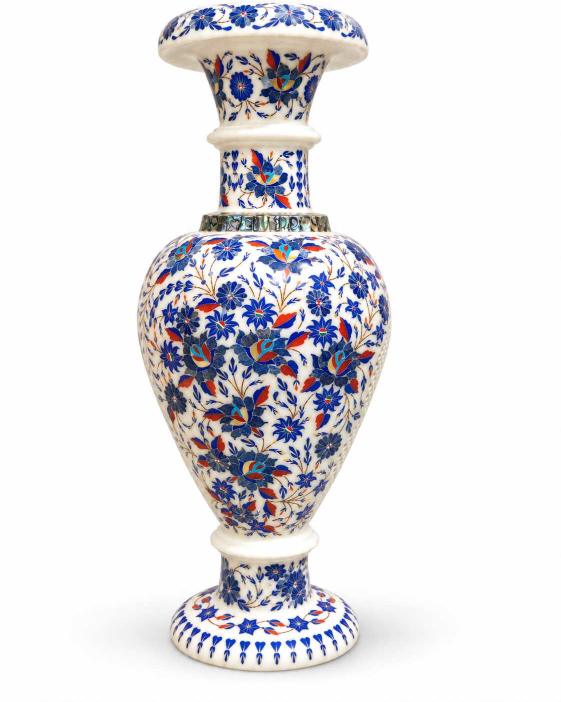 24-Inch Lapis Lazuli Floral Marble Inlay Vase with Jali Panels close detail