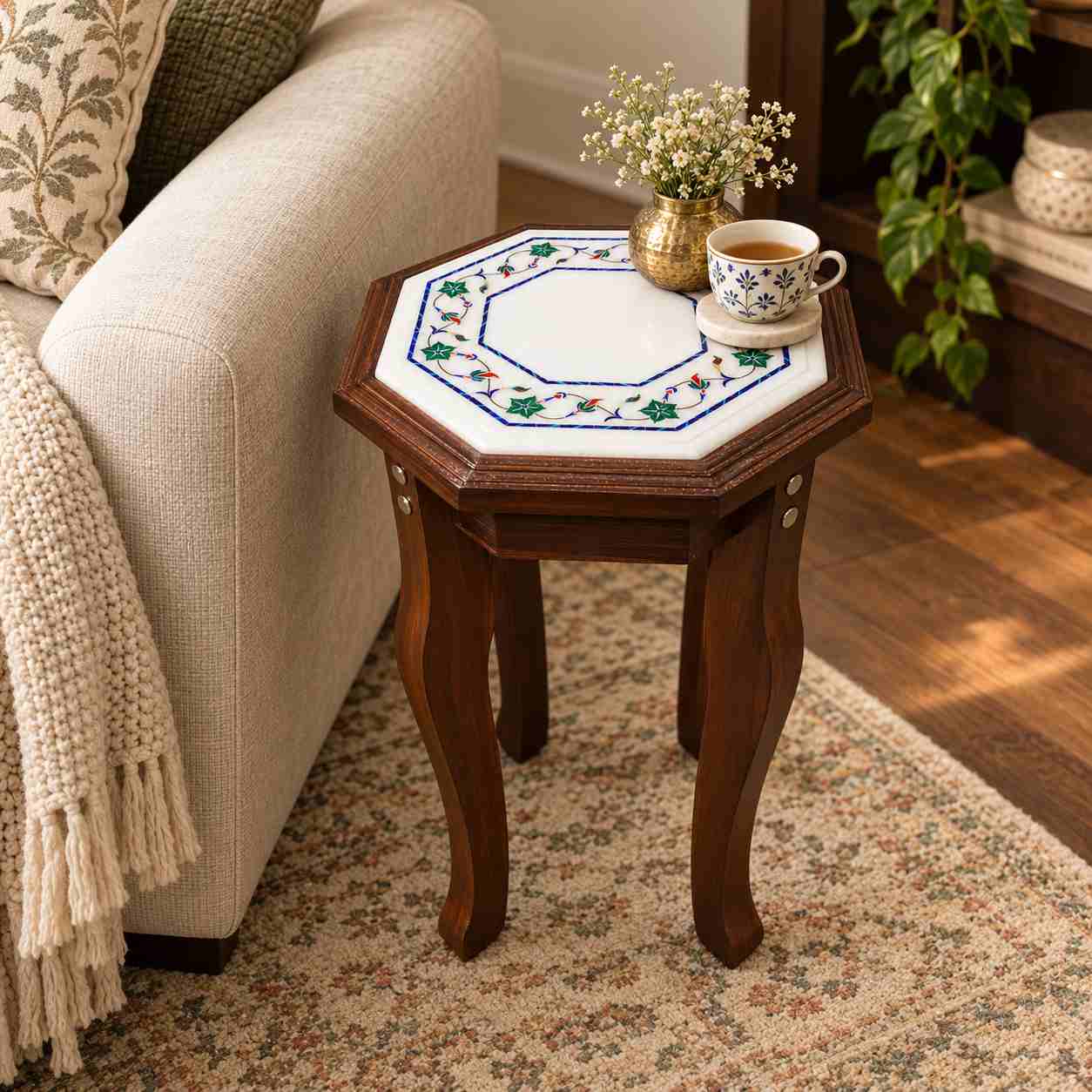 9-Inch Octagonal Malachite Star Border Marble Inlay Table Top | Wooden Stand Option close detail