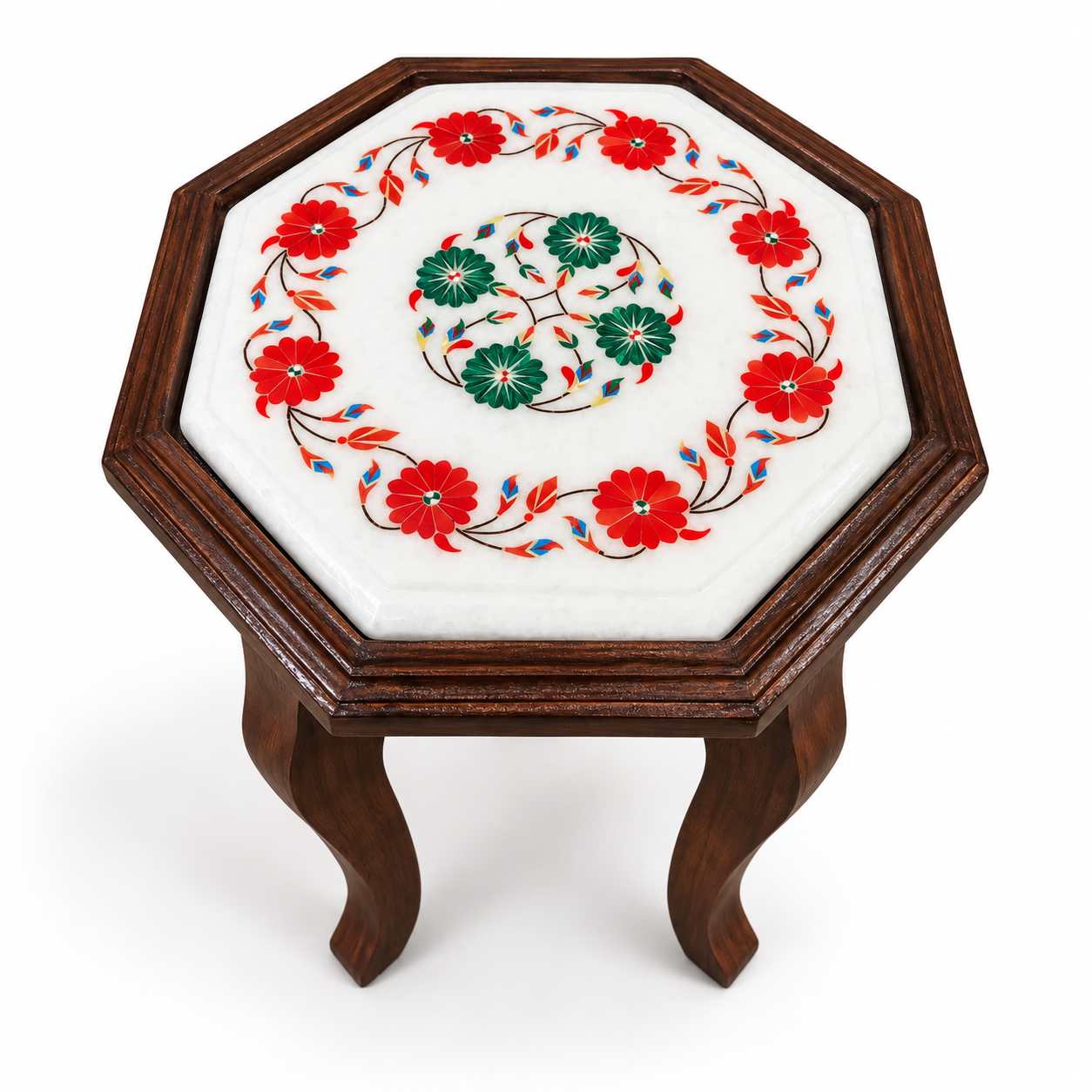 9-Inch Octagonal Carnelian & Malachite Floral Wreath Marble Inlay Table Top | Wooden Stand Option alternate view