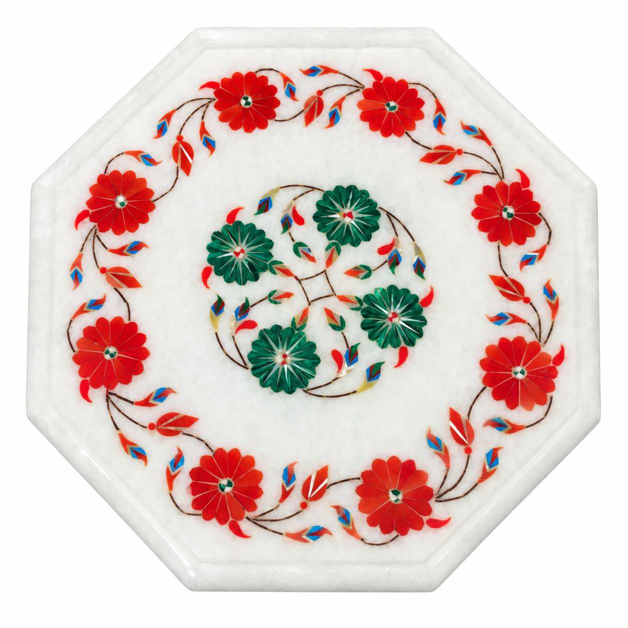 9-Inch Octagonal Carnelian & Malachite Floral Wreath Marble Inlay Table Top | Wooden Stand Option close detail