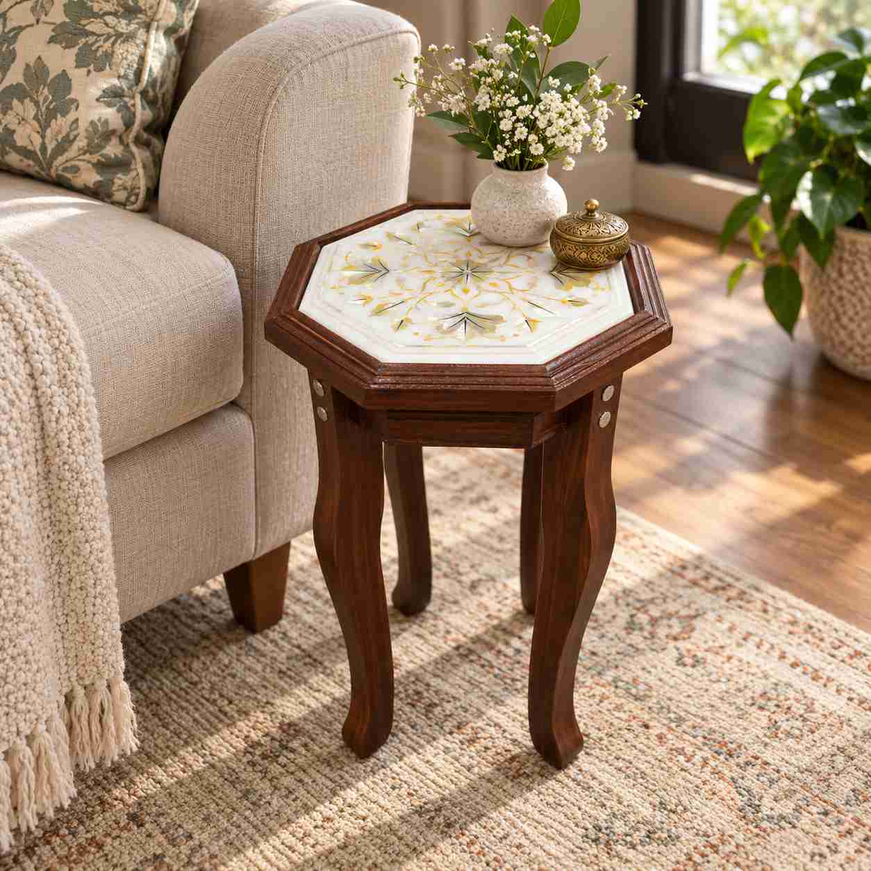 9-Inch Octagonal Fine Floral Mother Of Pearl Marble Inlay Table Top | Wooden Stand Option alternate view