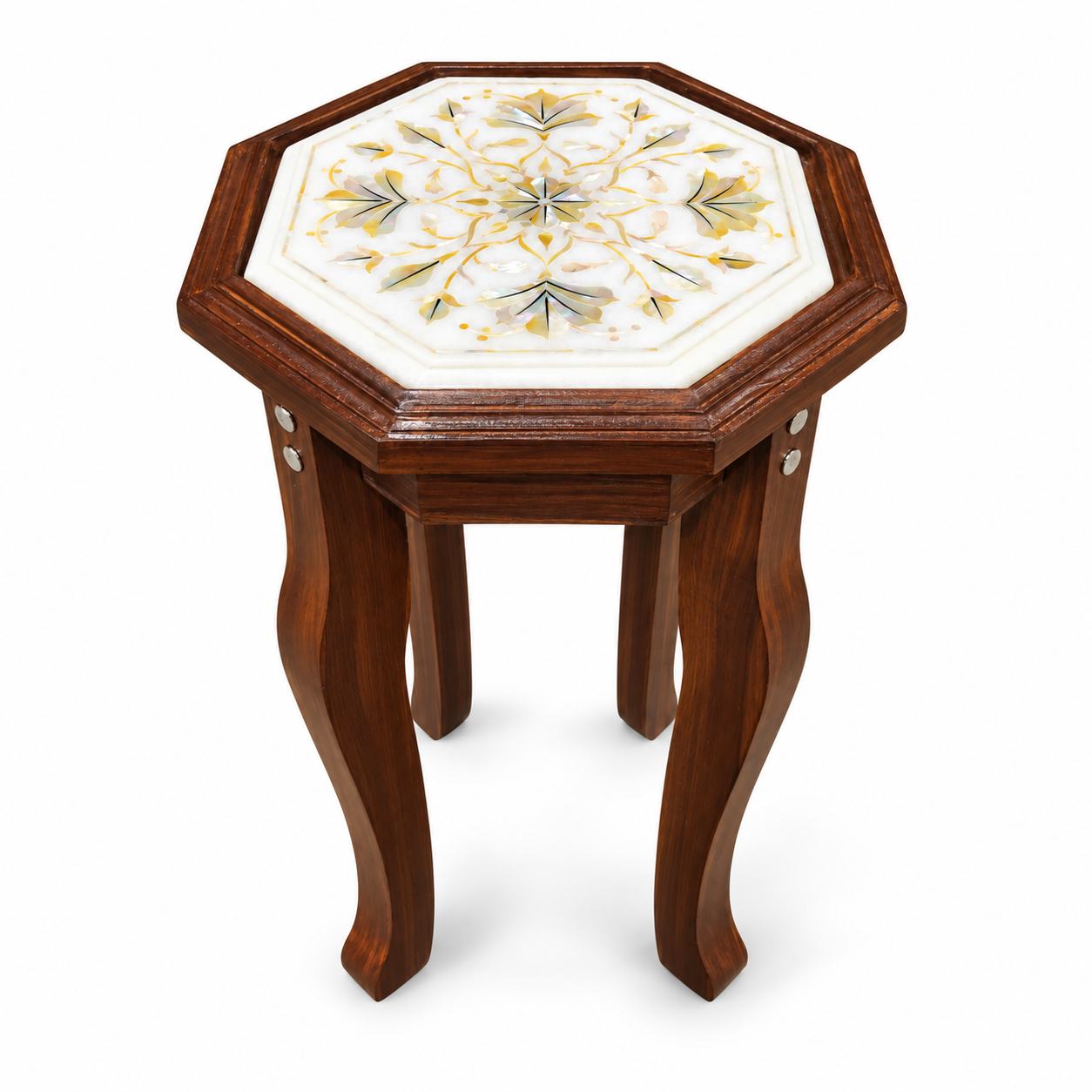 9-Inch Octagonal Fine Floral Mother Of Pearl Marble Inlay Table Top | Wooden Stand Option close detail
