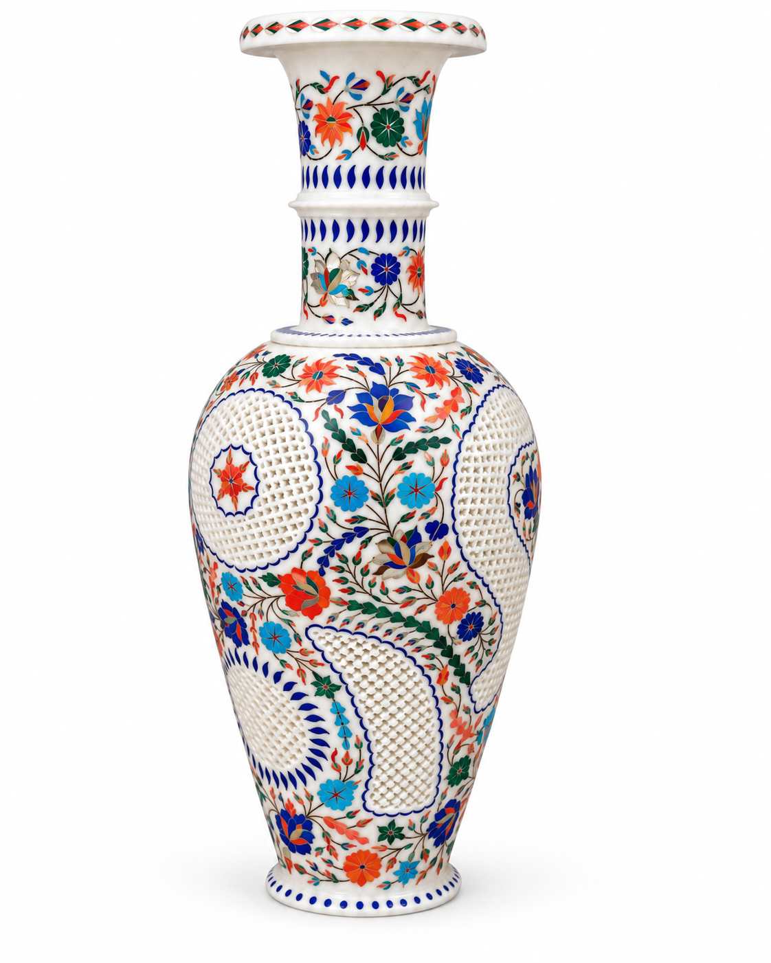 24-Inch Floral Marble Inlay Vase with Paisley Jali Carving alternate view