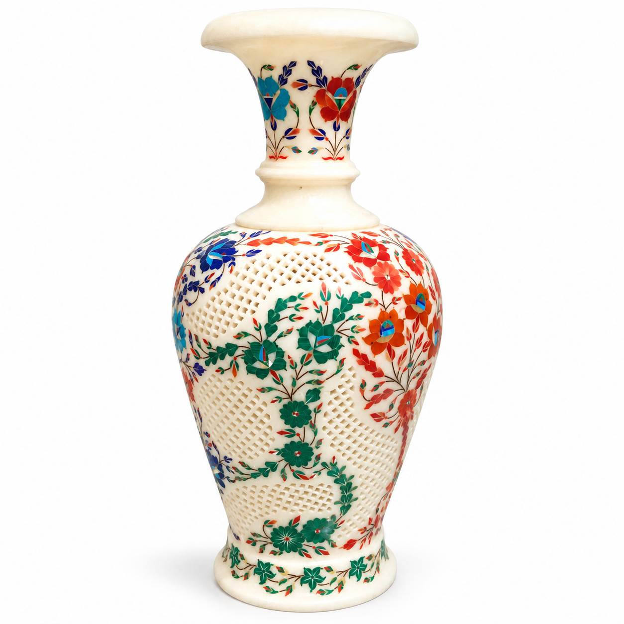 18-Inch Carnelian & Malachite Floral Marble Inlay Vase with Jali Carving alternate view