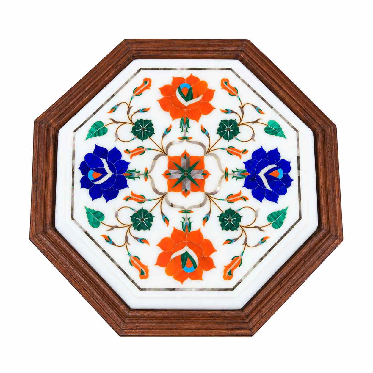 9-Inch Octagonal Carnelian & Lapis Lazuli Marble Inlay Table Top | Optional Wooden Stand close detail