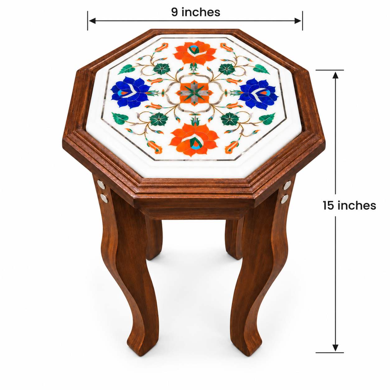 9-Inch Octagonal Carnelian & Lapis Lazuli Marble Inlay Table Top | Optional Wooden Stand alternate view
