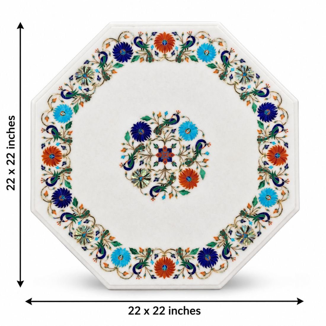 22-Inch Peacock & Floral Border Marble Inlay Table Top alternate view