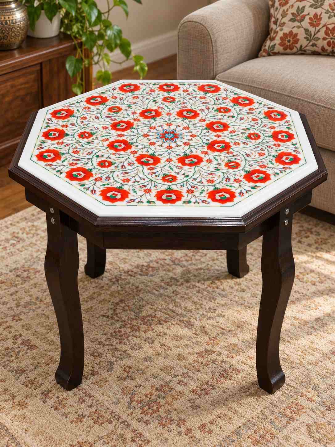 24-Inch Carnelian & Malachite Star Medallion Marble Inlay Table Top alternate view
