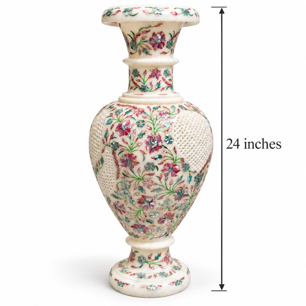 24-Inch Mother of Pearl Inlay Marble Vase with Floral Jali Carving alternate view