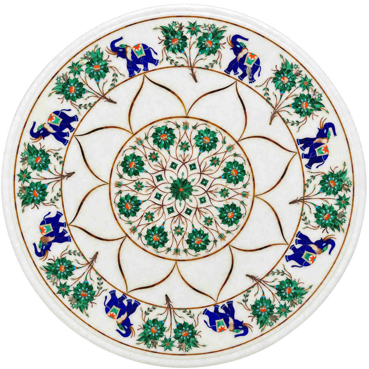 Exclusive Piece 19-Inch Lapis Lazuli Elephant & Malachite Floral Marble Inlay Table Top close detail