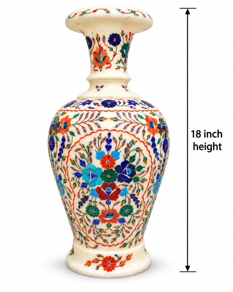 18-Inch Floral Medallion Marble Inlay Vase with Scalloped Borders close detail