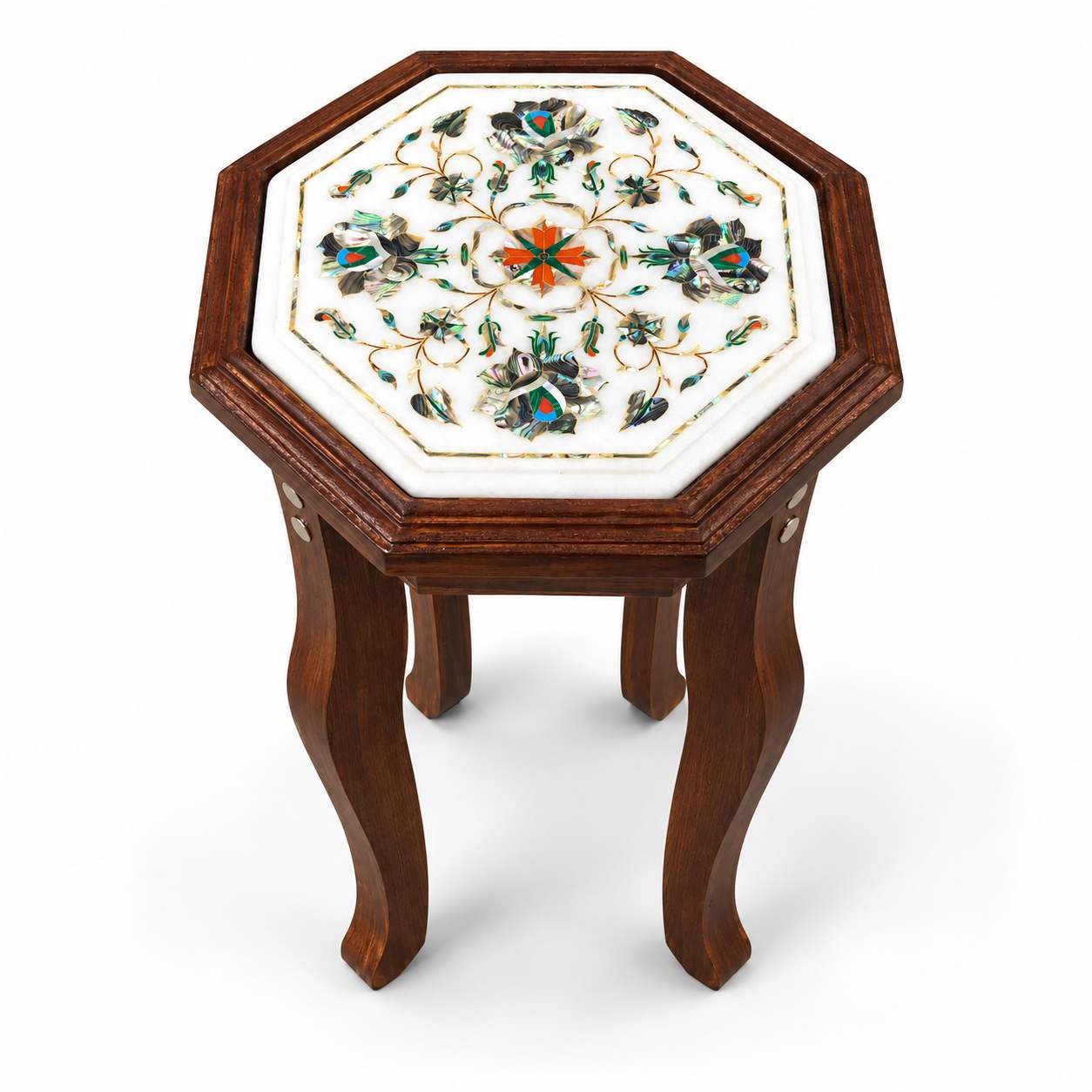 9-Inch Octagonal Malachite Leaf & Floral Marble Inlay Table Top | Wooden Stand Option alternate view