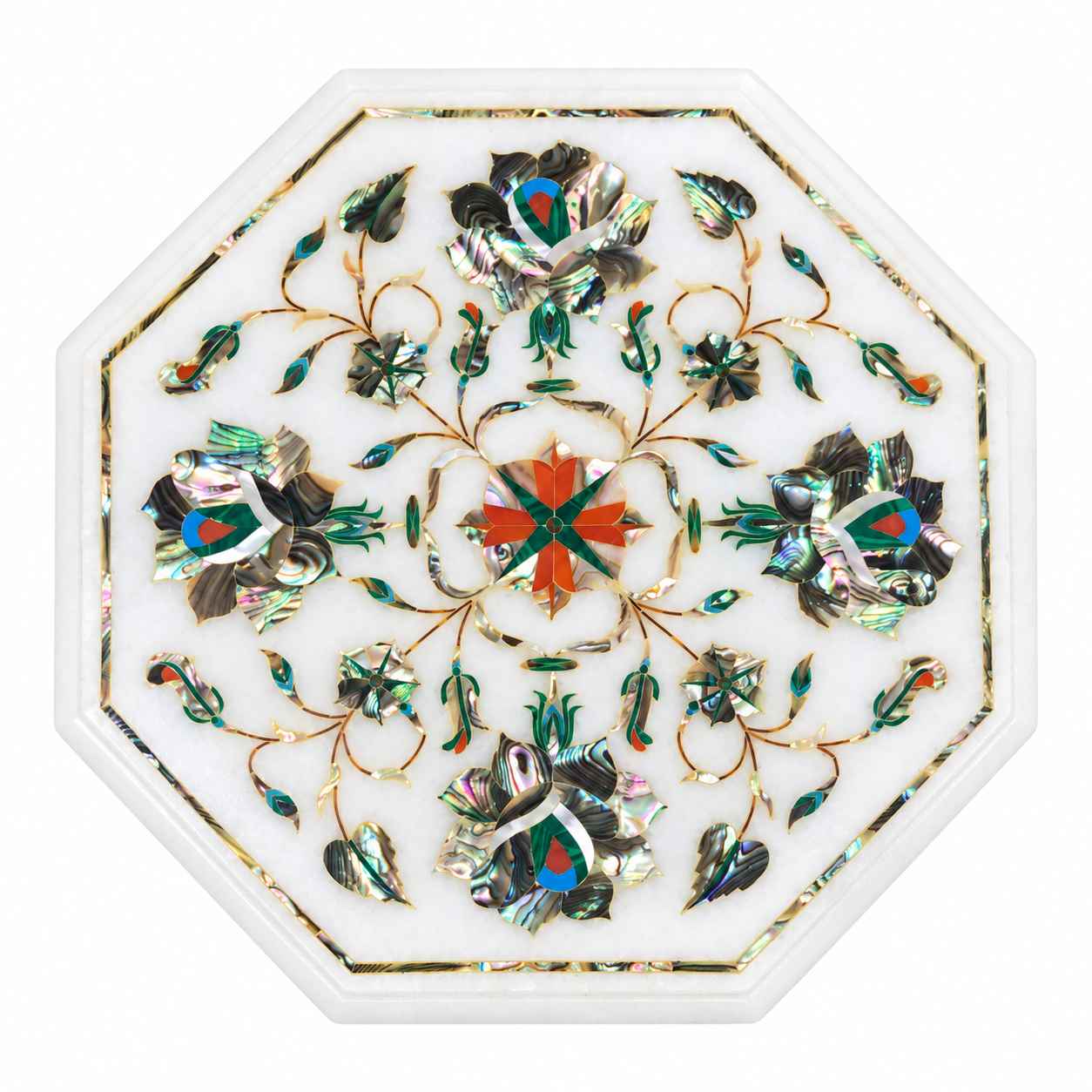 9-Inch Octagonal Malachite Leaf & Floral Marble Inlay Table Top | Wooden Stand Option close detail
