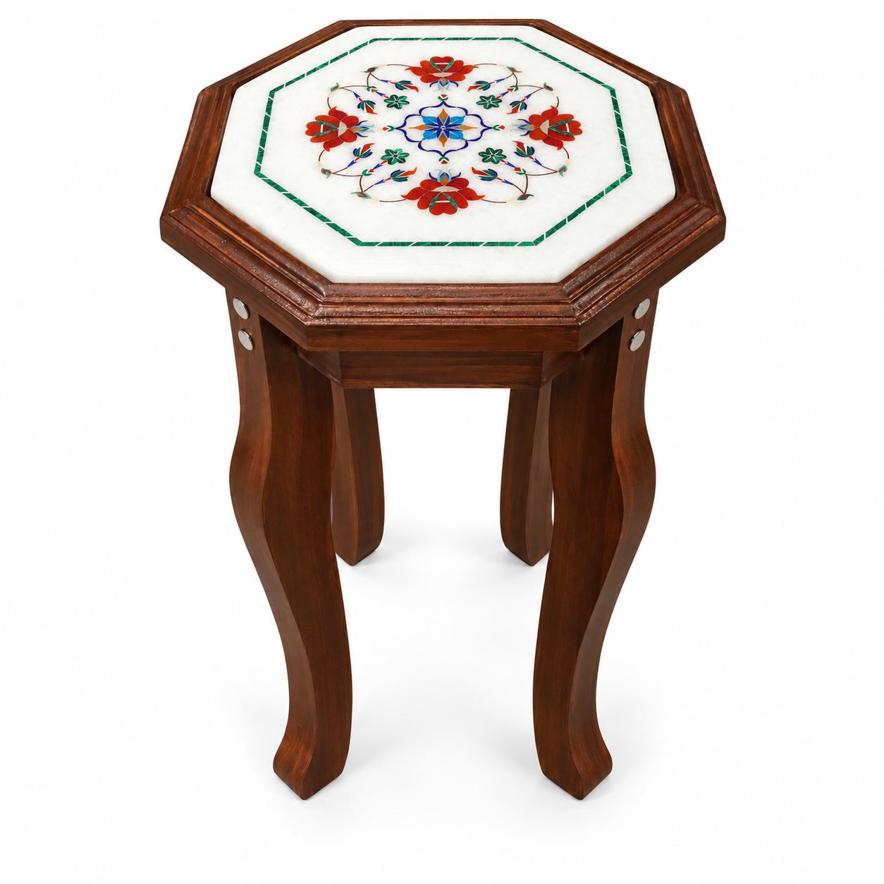 9-Inch Octagonal Four-Flower Stone Medallion Marble Inlay Table Top | Wooden Stand Option alternate view