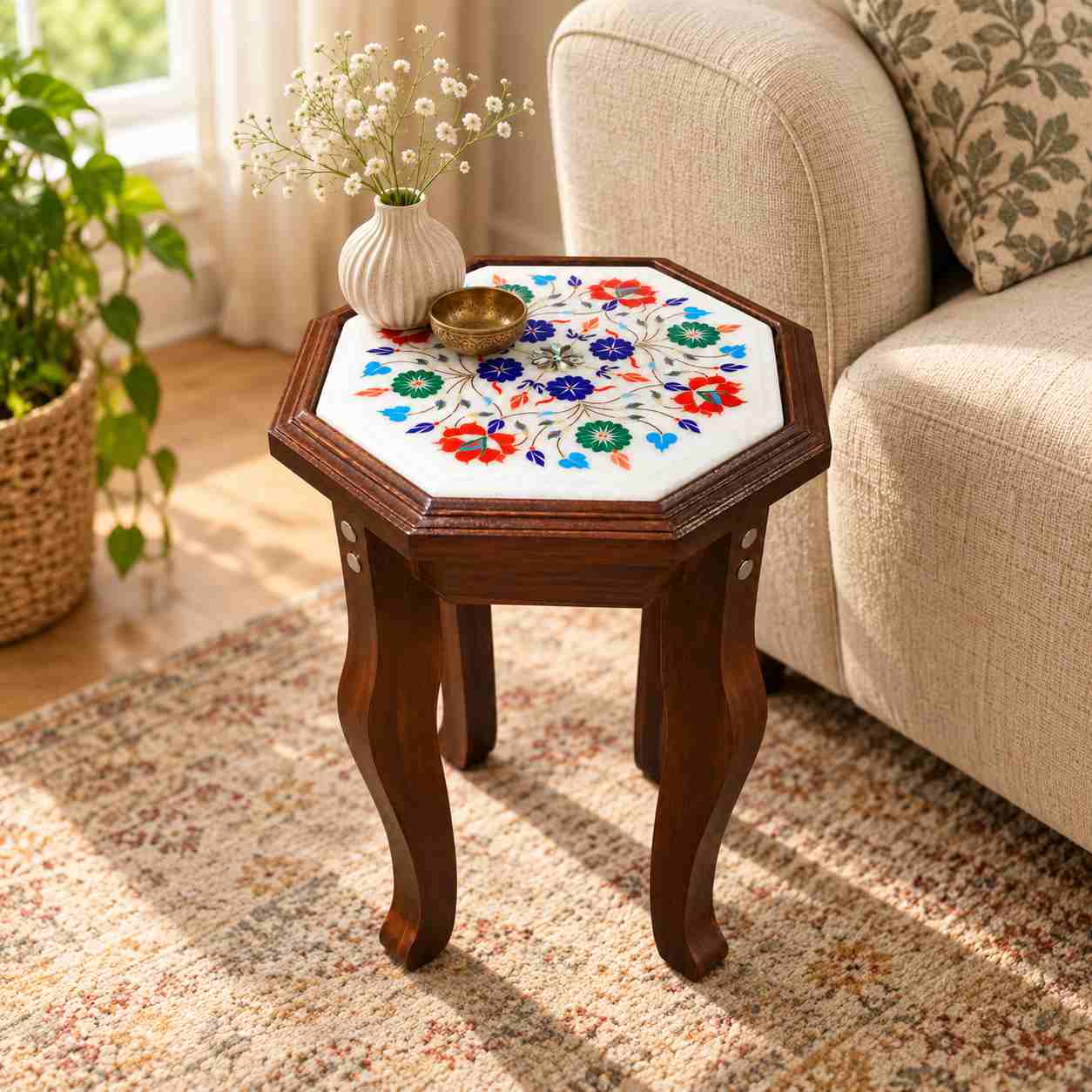 9-Inch Octagonal Multicolour Floral Marble Inlay Side Table with Wooden Stand alternate view