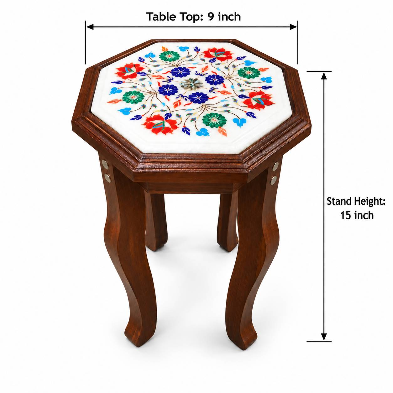 9-Inch Octagonal Multicolour Floral Marble Inlay Side Table with Wooden Stand close detail