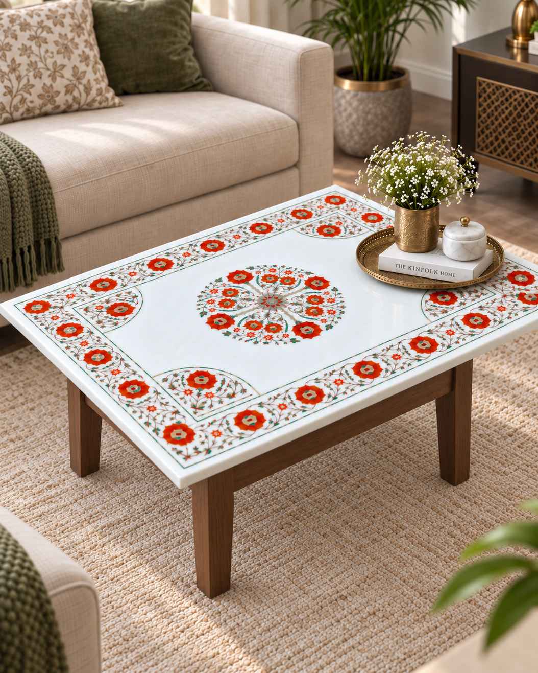 3 x 2 Ft White Marble Inlay Coffee Table – Handmade Pietra Dura Floral Design close detail