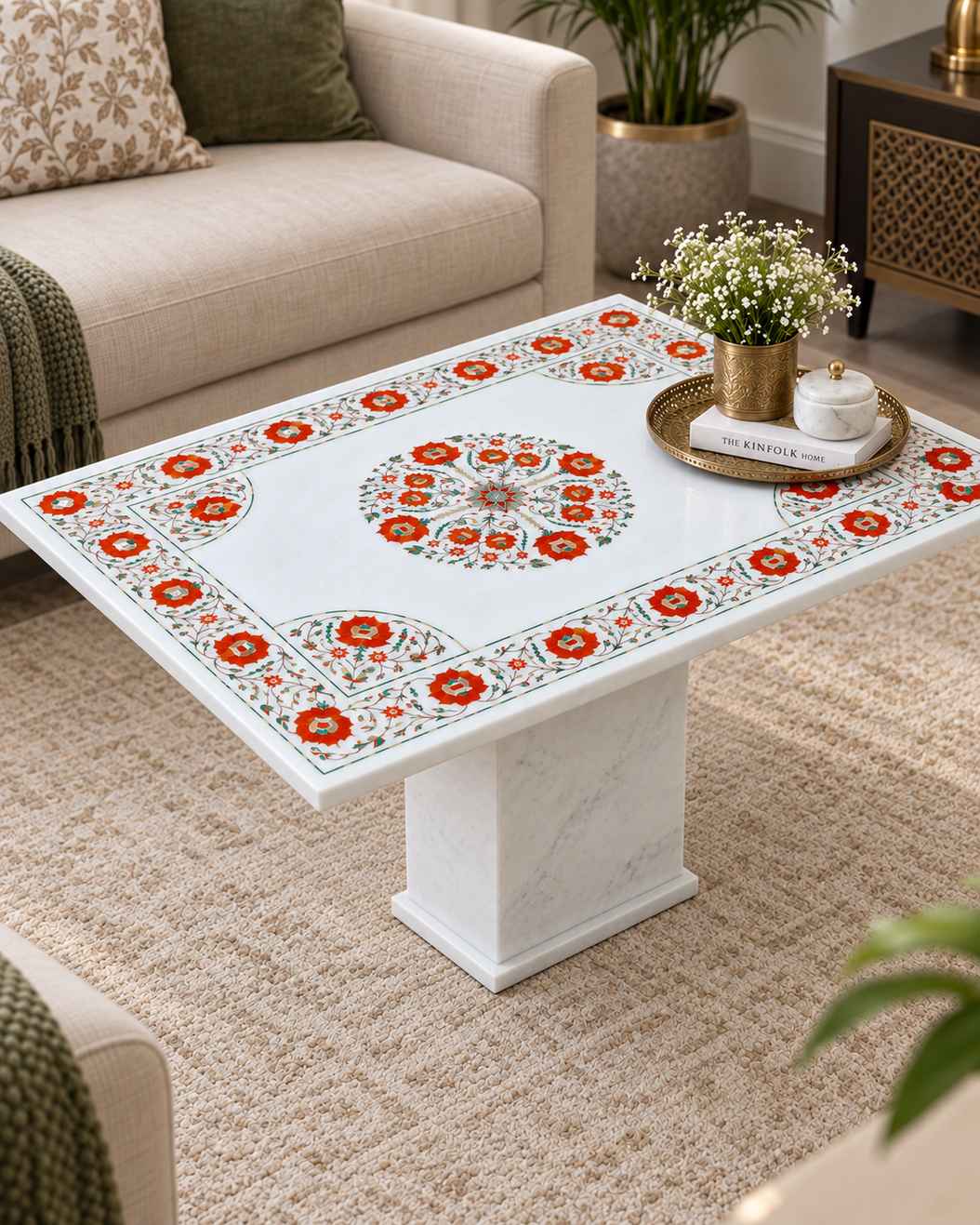 3 x 2 Ft White Marble Inlay Coffee Table – Handmade Pietra Dura Floral Design alternate view