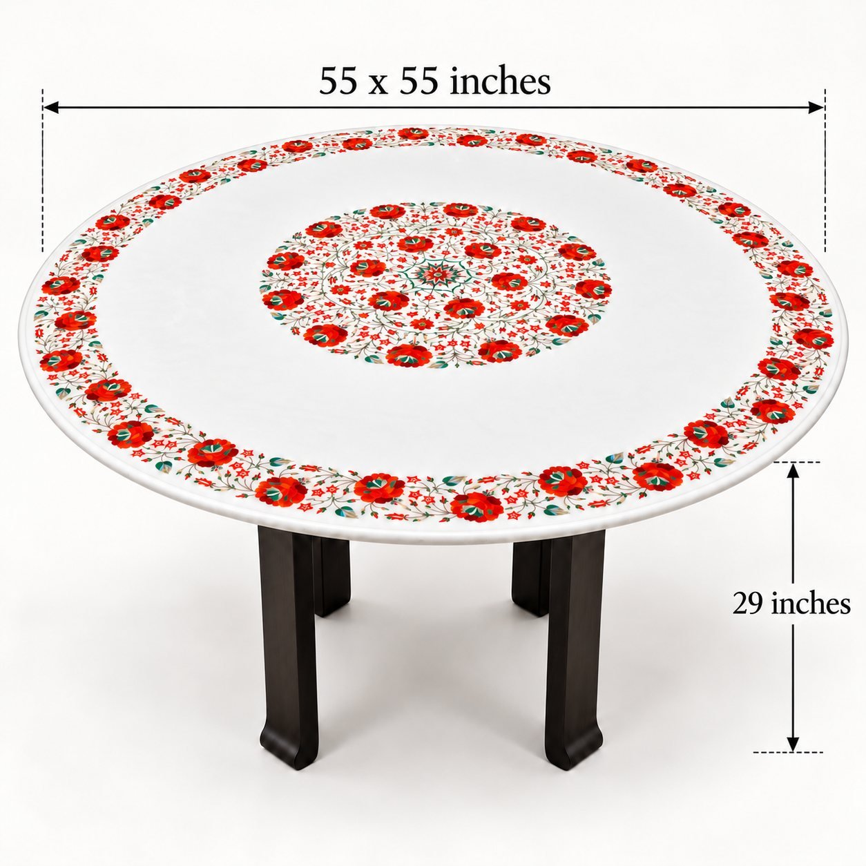 55-Inch Round Carnelian & Malachite Floral Marble Inlay Dining Table Top close detail