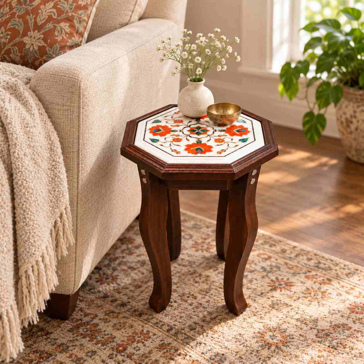 9-Inch Octagonal Carnelian Blossom & Vine Marble Inlay Table Top | Wooden Stand Option close detail