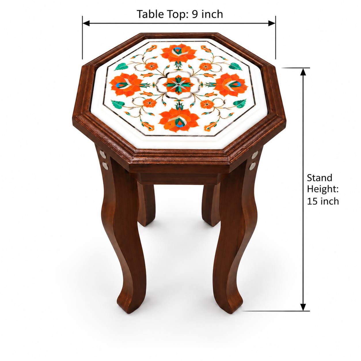 9-Inch Octagonal Carnelian Blossom & Vine Marble Inlay Table Top | Wooden Stand Option alternate view