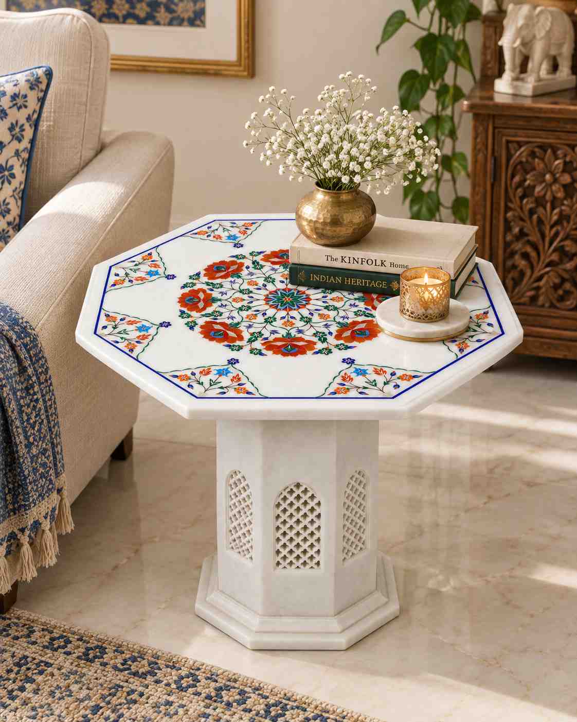 Handmade Octagonal Marble Inlay Side & Coffee Table 20 x 20 Inch with Marble or Wooden Stand alternate view