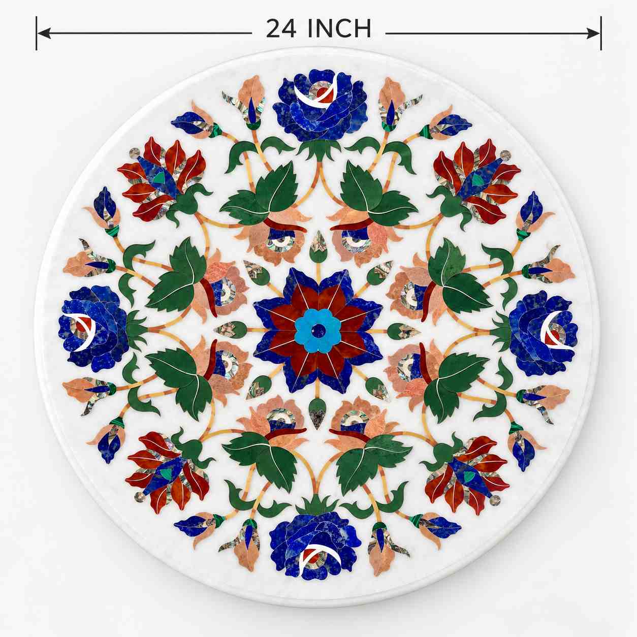24 Inch Round Marble Inlay Coffee Table Top with Stand | Handmade White Marble Pietra Dura Table | Agra Marble Art alternate view