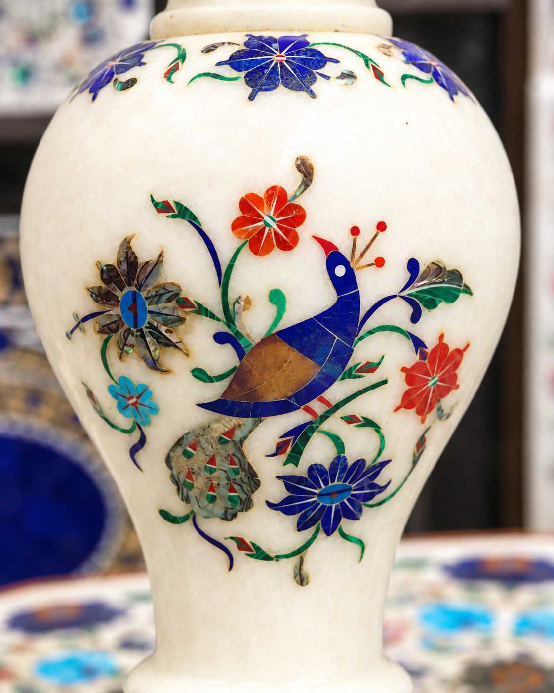 12-Inch Peacock Marble Inlay Vase with Lapis Lazuli alternate view