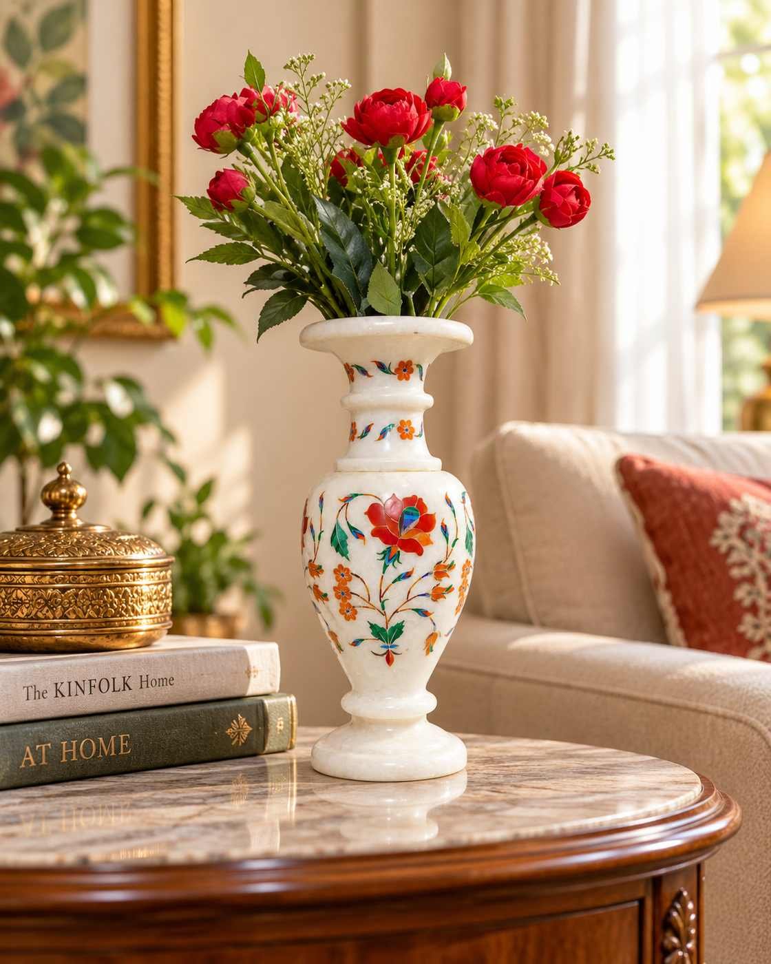 9-Inch Carnelian & Malachite Floral Marble Inlay Vase alternate view