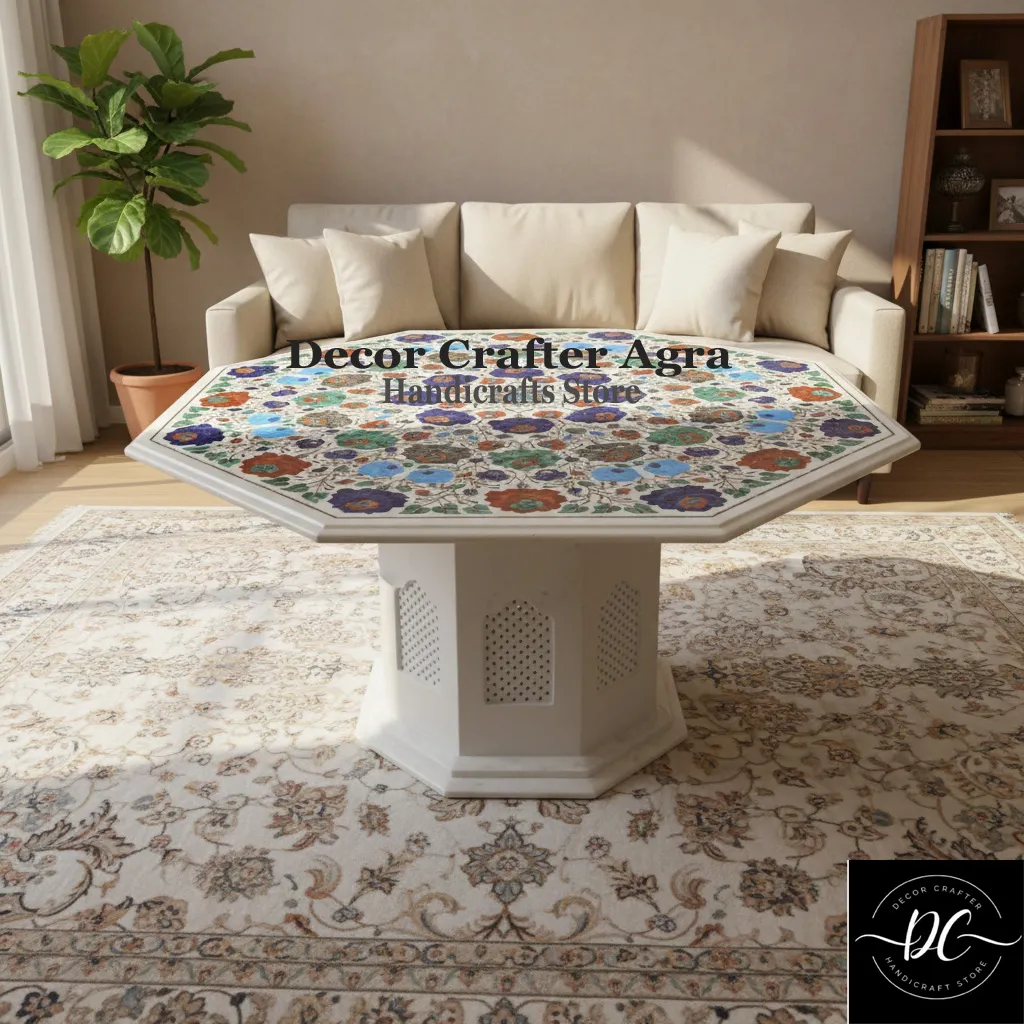 Luxury White Marble Inlay Table Top With Beautiful Intricate Design & Flower alternate view