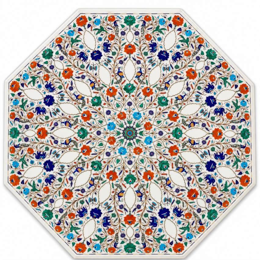 48-Inch Octagonal Floral & Bird Makrana Marble Inlay Table Top close detail