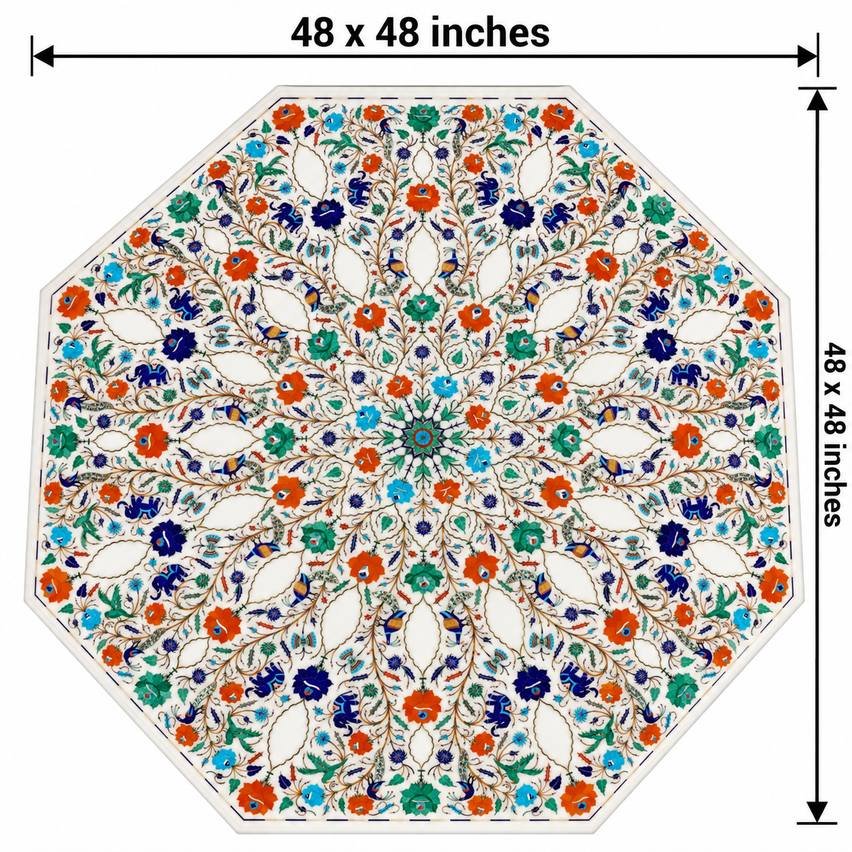 48-Inch Octagonal Floral & Bird Makrana Marble Inlay Table Top alternate view