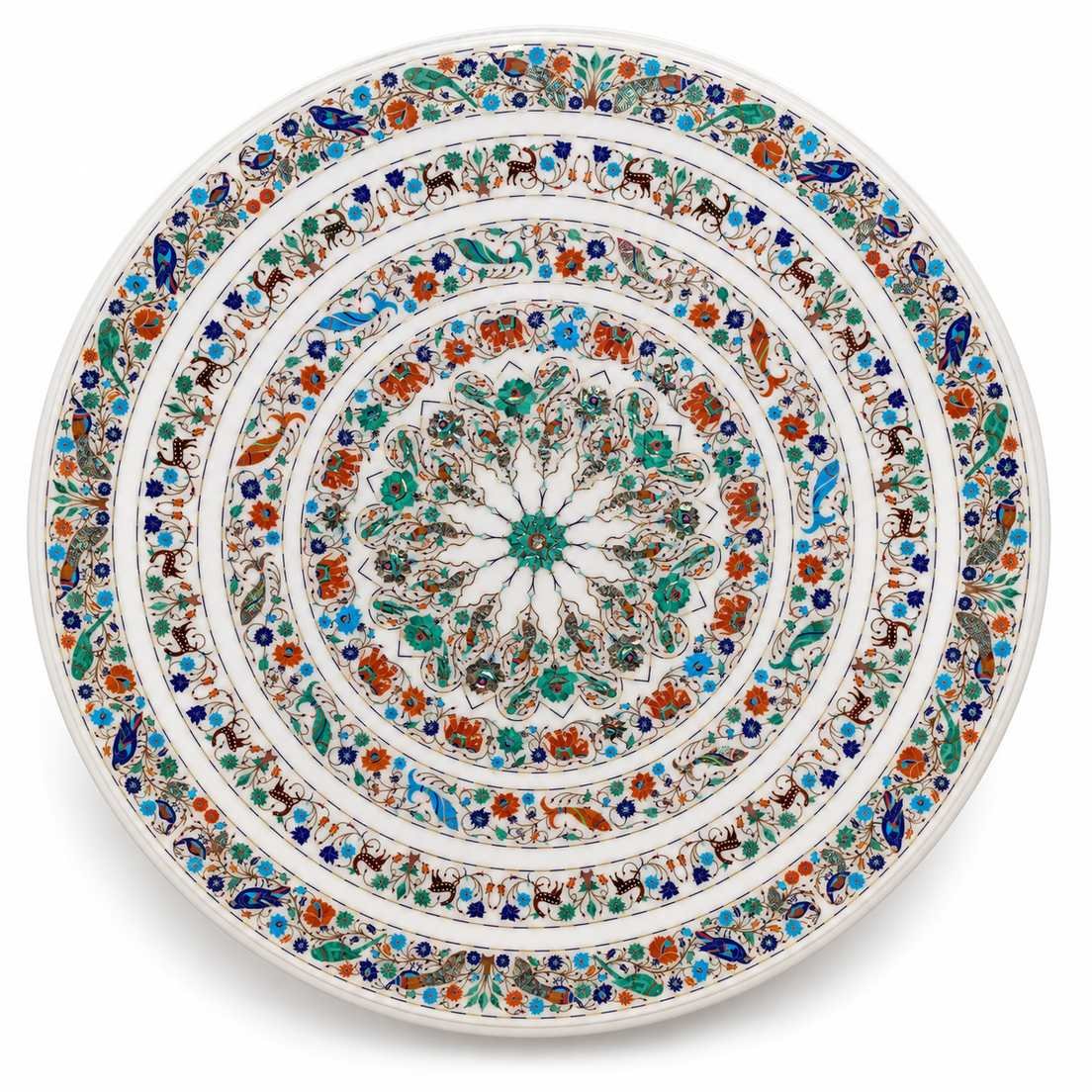 Antique Round White Marble Inlay Table Top with elegant flower, birds, fish & animal designs alternate view