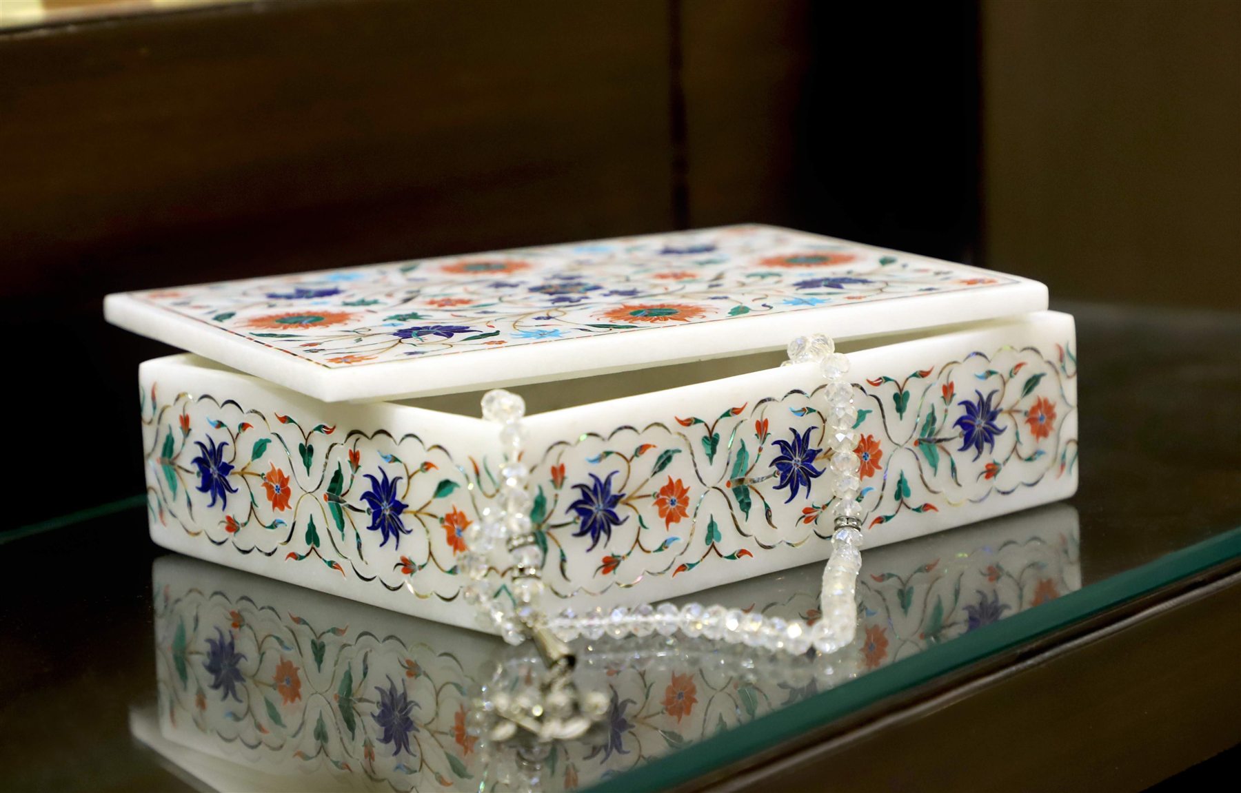 Handmade floral marble inlay jewellery box