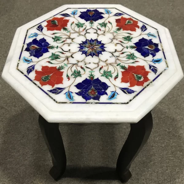 Inlaid Semi-Precious Stone Marble Inlay End Table