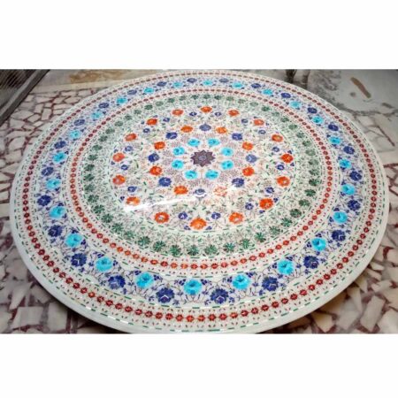 Round White Marble Inlay Dining Table 6 Seater