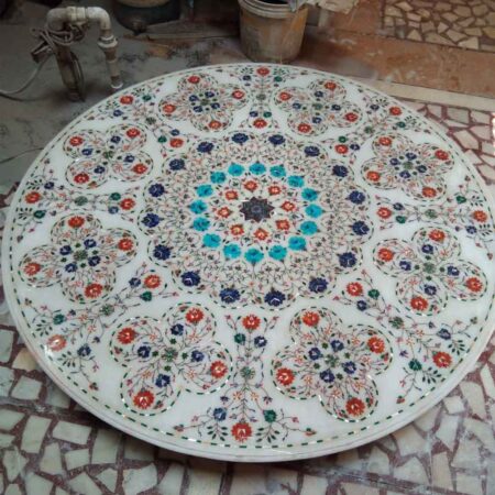 Round Marble Table Top | Inlay White Marble Dining Table