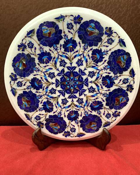 Inlaid Lapis Lazuli Round White Marble Side Table Top India
