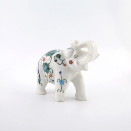 Floral-Pattern Marble Inlay Elephant Statue – Handcrafted Collectible