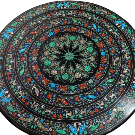 Round Black Marble Inlay Dining Table Top with intricate pattern
