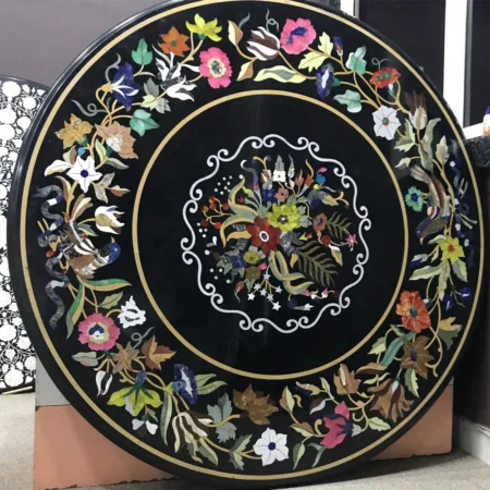 Round Floral Pietra Dura Marble Dining Tabletop – Handcrafted Inlay with Semi-Precious Stones