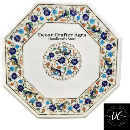 Handmade White Marble Inlay Octagonal Side Table | Peacock Floral Pietra Dura Coffee & Accent Table